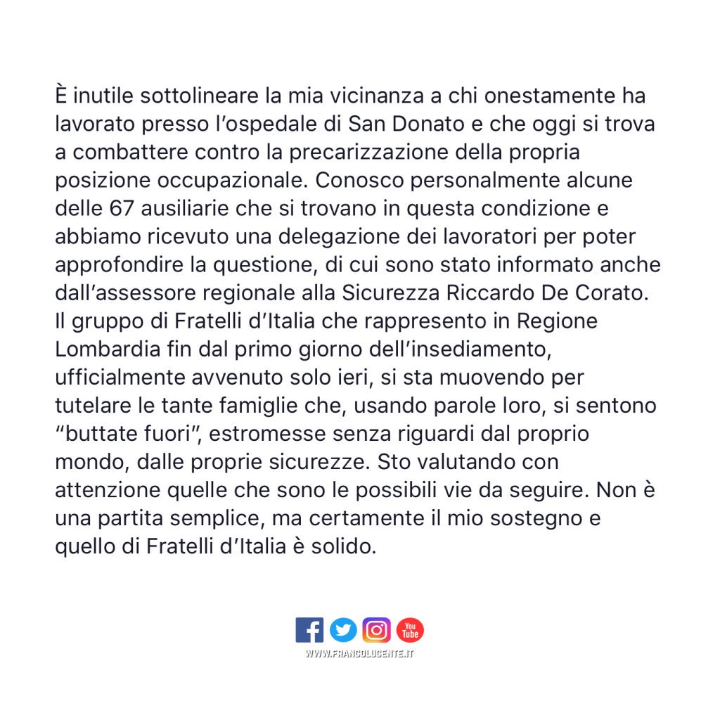 FrancoLucente's tweet photo. Il gruppo Fratelli d'Italia in Regione Lombardia si sta muovendo per tutelare le tante famiglie di chi si trova a combattere contro la precarizzazione della propria posizione occupazionale presso l'ospedale di San Donato https://t.co/uTcaO07MFV
