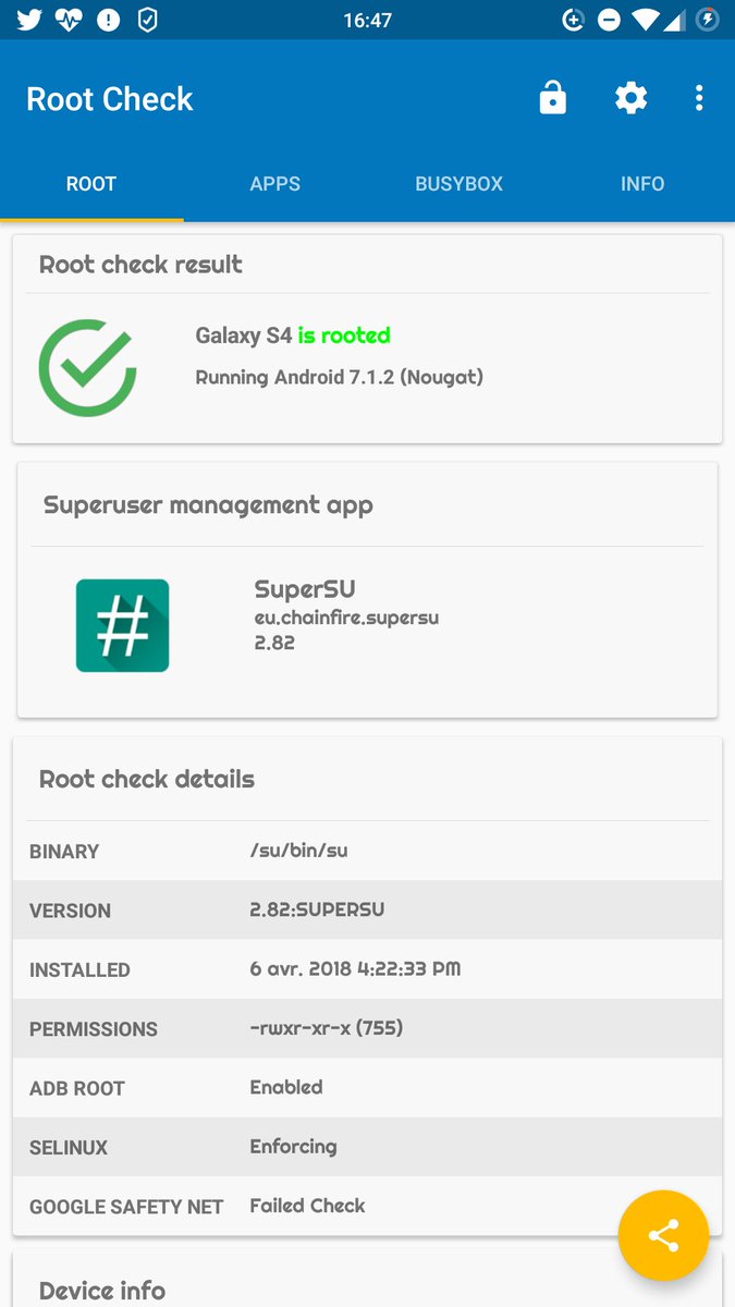 OunafFanou's tweet image. @LineageAndroid 🤘
#LineageOS 
#Nougat 
#RomManager 
#RootCheck 
#LineaGenuine 
#GalaxyS4