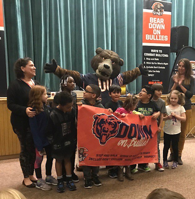 D96Central's tweet photo. Staley Da Bear visited Central School to present "Bear Down on Bullying".  What a great way to remind all students to take a stand against bullying.  A huge thank you to Staley and the Chicago Bears! #ChicagoBears  https://t.co/9Gs8hHRKyW https://t.co/9FaaSd6ibU