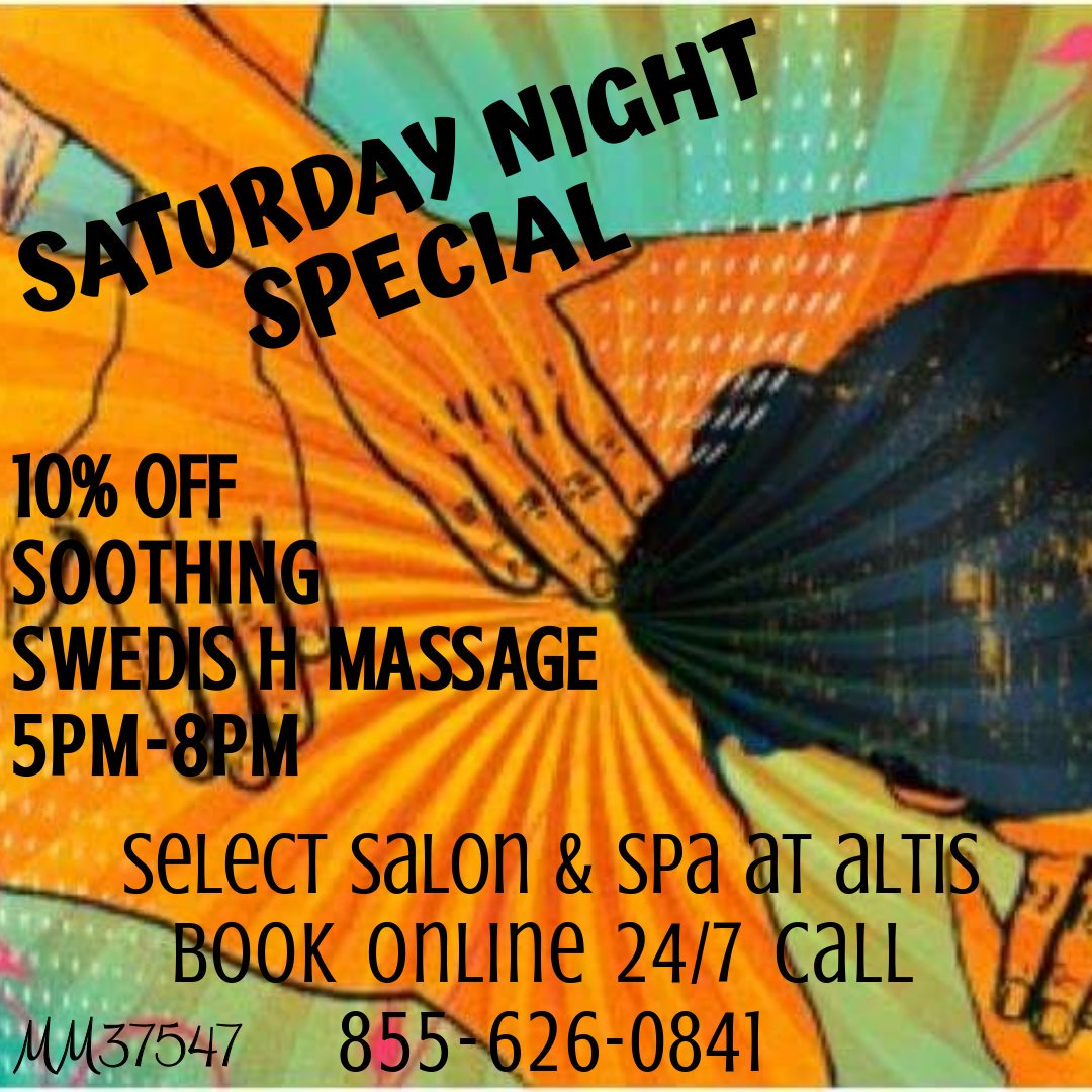 SelectSalonSpa's tweet photo. Just steps away...escape the stresses of the week w a Soothing Swedish Massage Saturday 5-8 at Altis Boca Raton! #spa #massage #saturday #weekendvibes #luxurylifestyle #escape #happy #bodypositive https://t.co/6yO9K8KeUO