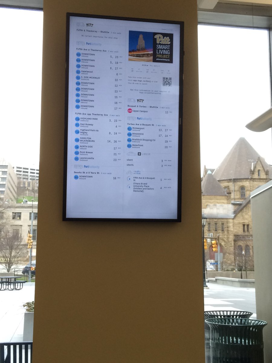 check out our brand new @PittSmartLiving screen at @PantherCentral, promoting #Multimodal #Transportation options -- #NSFfunded #SmartCity #SmarterCities .@PittTweet .@SciPitt .@Pittengineering .@GSPIA .@TransitScreen