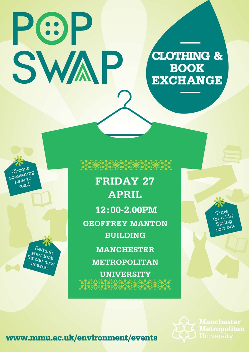Our FREE clothing &amp; book swap returns on Fri 27th April at <a href="/ManMetUni/">Manchester Metropolitan Uni</a> for <a href="/Fash_Rev/">Fashion Revolution</a> Week. Exchange old for new (well new to you) #whomademyclothes #swishing #giveitdontbinit 🧥👝🧦👠