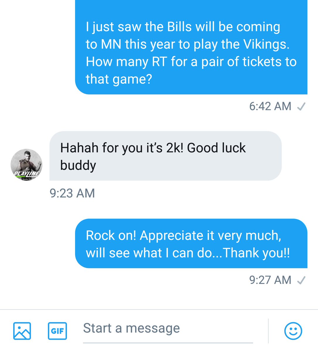 BJohnsonFam11's tweet photo. Friends, followers, members of the #BillsMafia #PlayLineArmy #ATPFamily  I've got a chance to see the @buffalobills live for my first time when they travel to my home state to face the @Vikings ... 2K re-tweets is all I need. Please show some love. Thank you in advance @PlayLine https://t.co/KXa8e2J16J