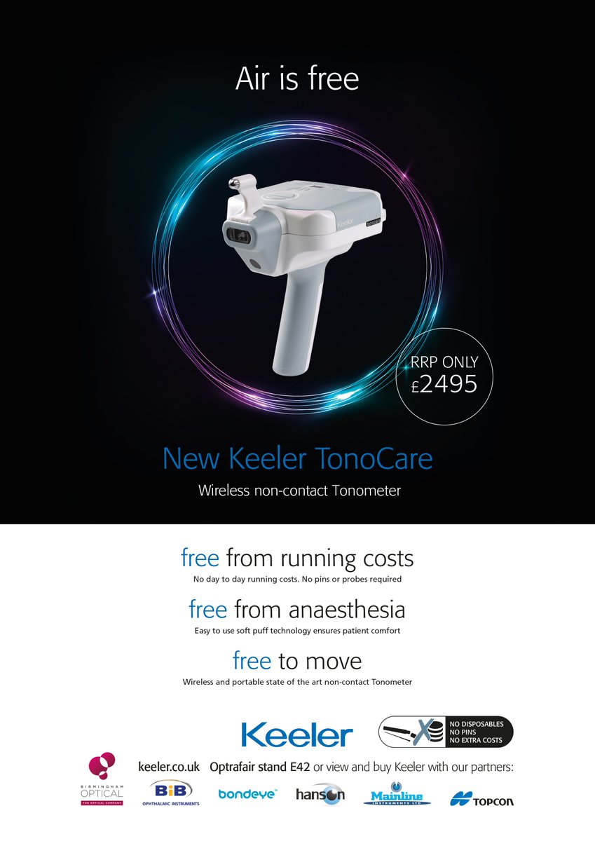 KeelerLtd's tweet photo. Just one more week to go until @Optrafair! @KeelerLtd are delighted to present our most advanced hand-held Tonometer to date - the new TonoCare. Try it for yourself on the Keeler stand E42 and on our partners stands. We look forward to seeing you! #airisfree https://t.co/AXYta9q85F
