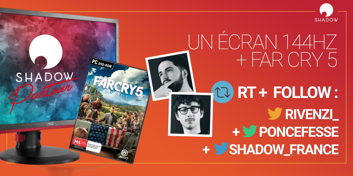 Shadow_France's tweet photo. 🎁#Concours #RECbyShadow🎁Place à @Poncefesse et @Rivenzi_ qui vous font gagner Far Cry 5 et un écran 144 Hz pour en profiter pleinement 😍
Pour remporter ce lot il vous suffit de :
✅RT cette publication
✅Follow @Poncefesse
✅Follow @Rivenzi_
✅Follow @Shadow_France
GL🍀! https://t.co/wSvh08WgcR