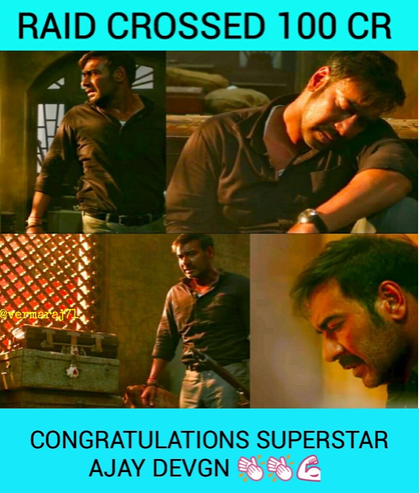 Devgnkiduniya's tweet photo. Raid Crossed 100 CR 💥👏👏
So It's 8th Century Hit By VERSATILE Ajay Devgn!!
Congratulations To SUPERSTAR @ajaydevgn & Entire Team Of @RaidTheFilm
#SuperHitRaid #100CrkiRaid 🍻🍻
#PowerOfDevgn 💪💪 https://t.co/tWPDaoR8ci