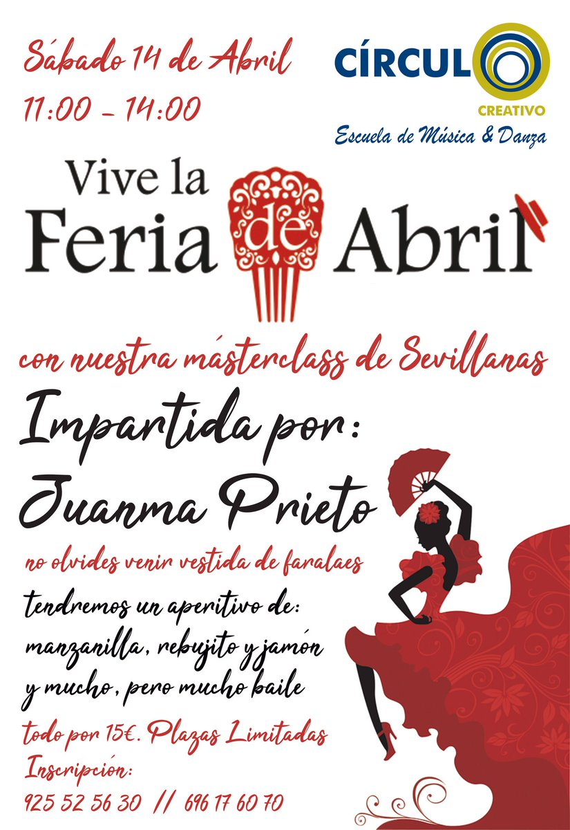Vive la feria de abril con nuestra masterclass de Sevillanas impartida por Juanma Prieto.
No olvides venir vestida de faralaes.
tendremos un aperitivo de manzanilla, rebujito y jamón.
y mucho, pero mucho baile.
Plazas limitadas
15€