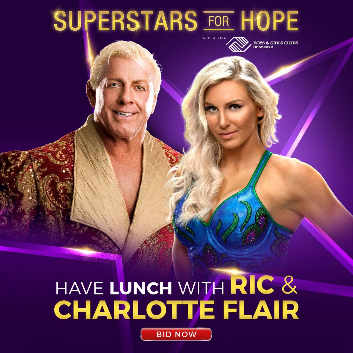 CharlotteFliar's tweet photo. #Stars4Hope wants you to have a ROYAL experience with @RicFlairNatrBoy &amp; #SDLive #WomensChampion @MsCharlotteWWE! @BGCA_Clubs https://t.co/GPTXc8poJv https://t.co/2czCSxR9u9 https://t.co/6V1h8XfWAJ