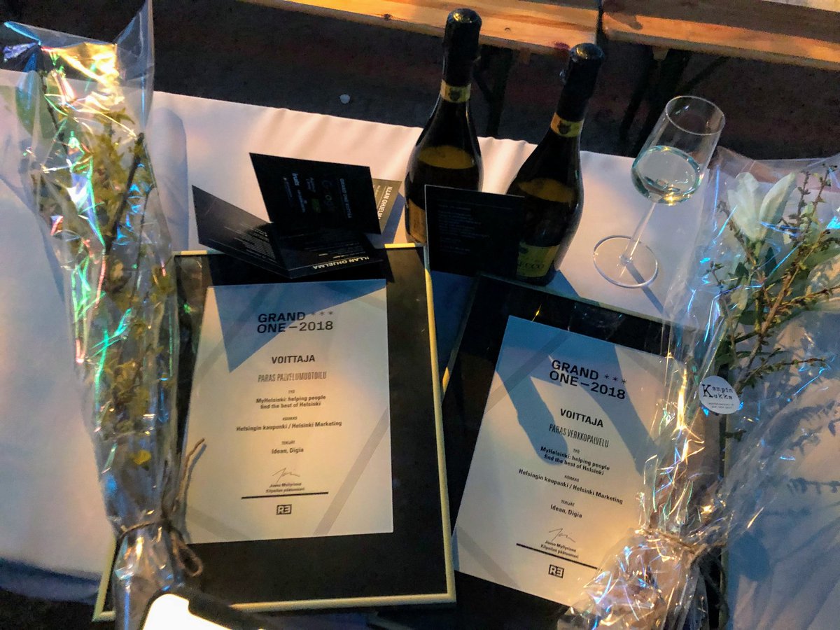 Last night we won two #GrandOne awards! Best web service and best service design for My Helsinki! myhelsinki.fi And an honorable mention for the Bolt mobile app! bolt.works