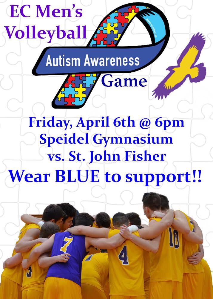 ElmiraVBALL's tweet photo. It’s Game Day! Come support the boys while wearing blue to support Autism Awareness. The Soaring Eagles take on St. John Fisher at 6:00 pm in Speidel Gymnasium. If you can’t make it to the game, follow along with live stats and streaming! #gameday #autismawareness #ecmvb https://t.co/9WiFqdn8zp