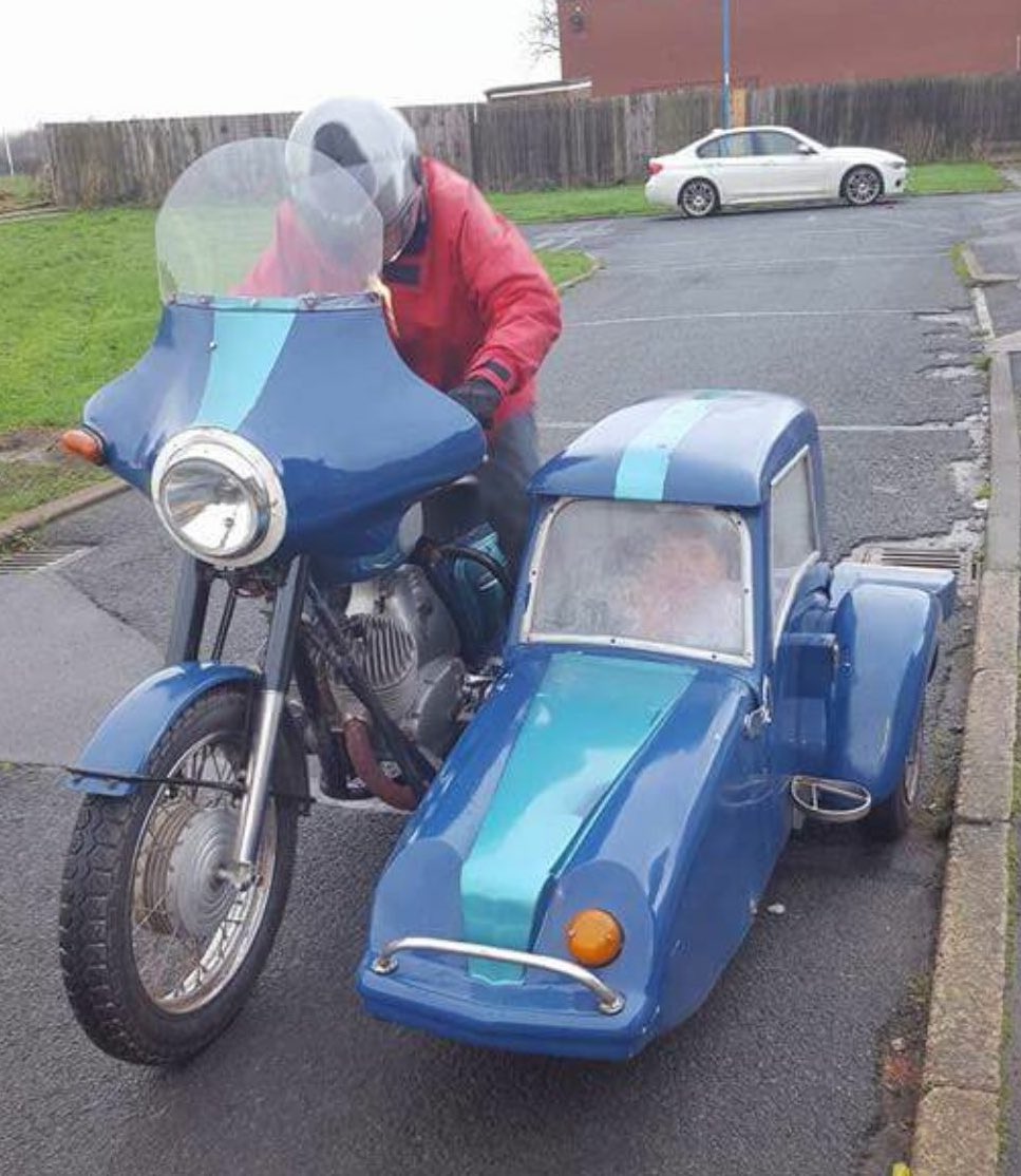 m155_bem's tweet photo. My Uncles beloved bike and sidecar were stolen in the early hours of this morning from Blackhall. Please share and help us get this back to him as quickly as we can. https://t.co/ukACWYHRbV