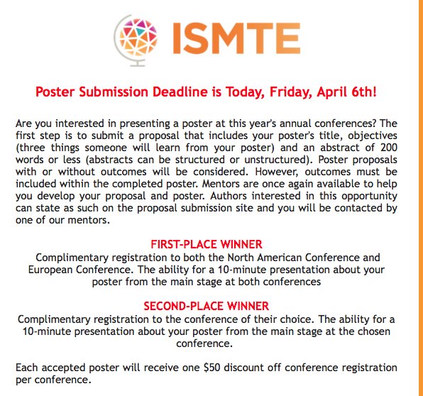 wkrank1's tweet photo. Hi everyone..yup, today is the last day to submit your poster idea to @ISMTE https://t.co/x8vA72iYTF  Soooo, what are you waiting for? https://t.co/HeAXmoGbjI
