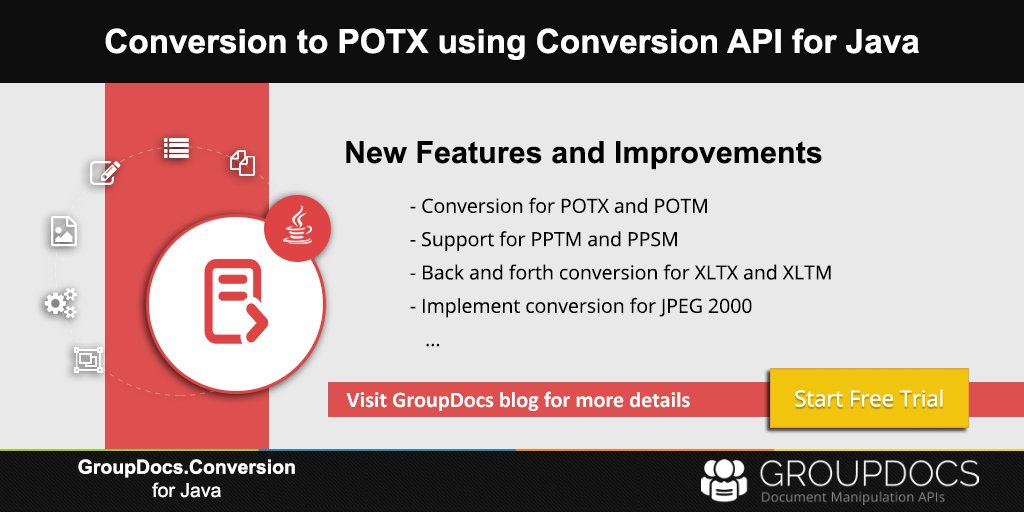 GroupDocs's tweet photo. Conversion to POTX using Conversion #API for #Java - https://t.co/Ib3d9kEDJH
Highlights ==
- Conversion for #POTX and #POTM
- Support for #PPTM and #PPSM
- Back and forth #conversion for #XLTX and #XLTM
- Implement conversion for #JPEG2000
Visit #GroupDocs blog for details. https://t.co/YwgJUvuqZd