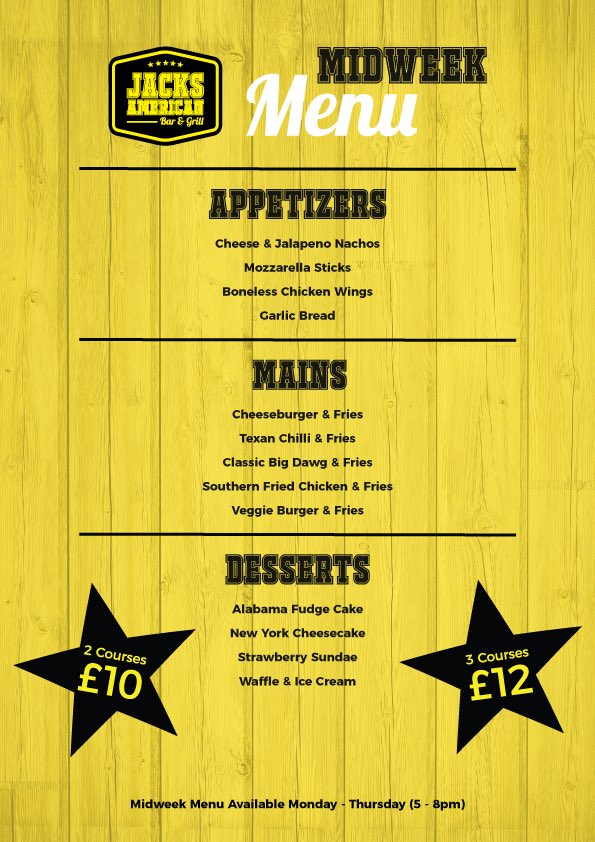 ✨💛New🖤✨ #Jacksabg Mid-Week Menu available Monday-Thursday 5-8pm Book here jacksabg.co.uk #LoveJacks #Youdontknowjack