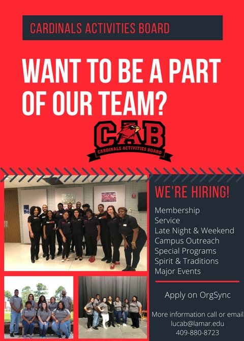 LamarUCAB's tweet photo. Like to plan events?
Love marketing on social media?
Want more say in the types of events we bring you guys?
Apply for CAB Exec. Team! This board can give you valuable experience working with a team & planning events for your peers!! #LUCAB https://t.co/AnTBCxhnOg