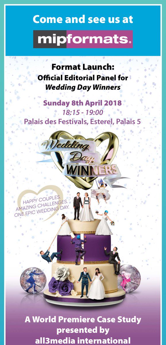 all3media_int's tweet photo. Come to #MIPFormats @mip on Sunday 8th April to find out more about our Format Launch #WeddingDayWinners. Join us at 6.15pm in Palais de Festivals, Esterel, Palais 5. 👰🏽🤵🏽💒 #MIPTV #MIPTV2018 https://t.co/JcO6VuKATz