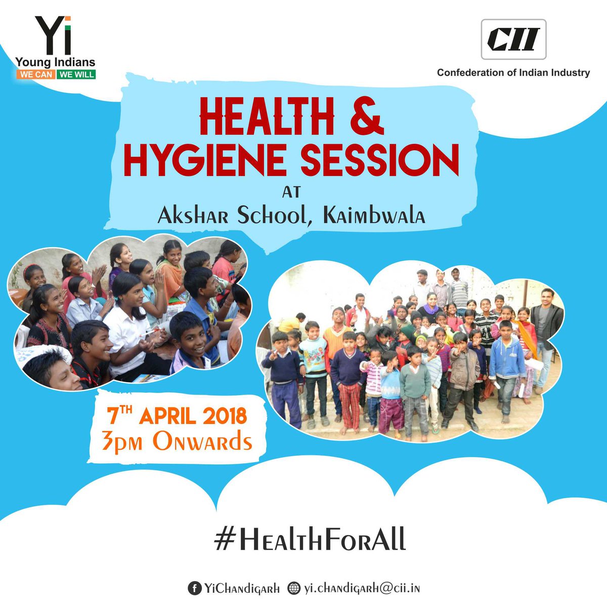 Young Indians Chandigarh Tricity Chapter is celebrating #WorldHealthDay with an informative session by renowned doctors with Underprivileged Kids at Akshar School, Kaimbwala tomorrow.. Join us in the celebration..!!

<a href="/YiTweets/">Young Indians (Yi)</a> 
#YiChandigarh #Chandigarh
