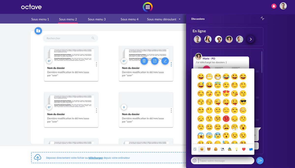 Octave_Octavons's tweet photo. Avec Octave, la simplicité est d’or : vous pouvez insérer facilement un dossier, un fichier ou un smille dans votre fil de discussion.

Pour plus d’informations : https://t.co/0mgpFqDHRl 

#Octavons #PlateformeCollaborative https://t.co/Ddl97l4QmV