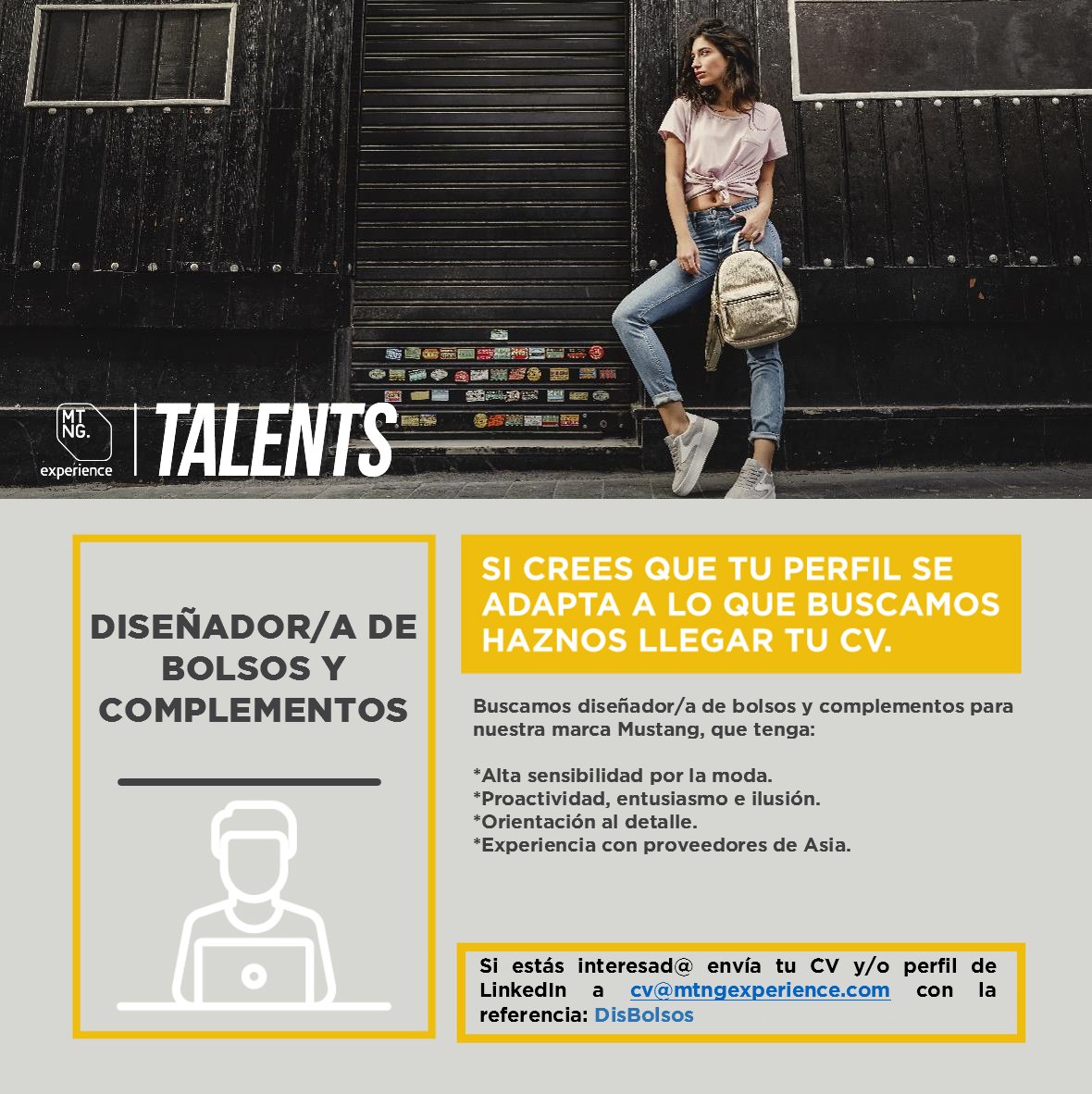 workatMTNG's tweet photo. ¡¡Estamos contratando!! ¿Quieres ser el/la Diseñador/a de Bolsos y Complementos de nuestra marca MUSTANG? Envíanos tu cv y porfolio a cv@mtngexperience.com  con Ref. DisBolsos #Diseño #Bolsos #Moda #QuieresDejarHuella https://t.co/QgnS8UMDWn