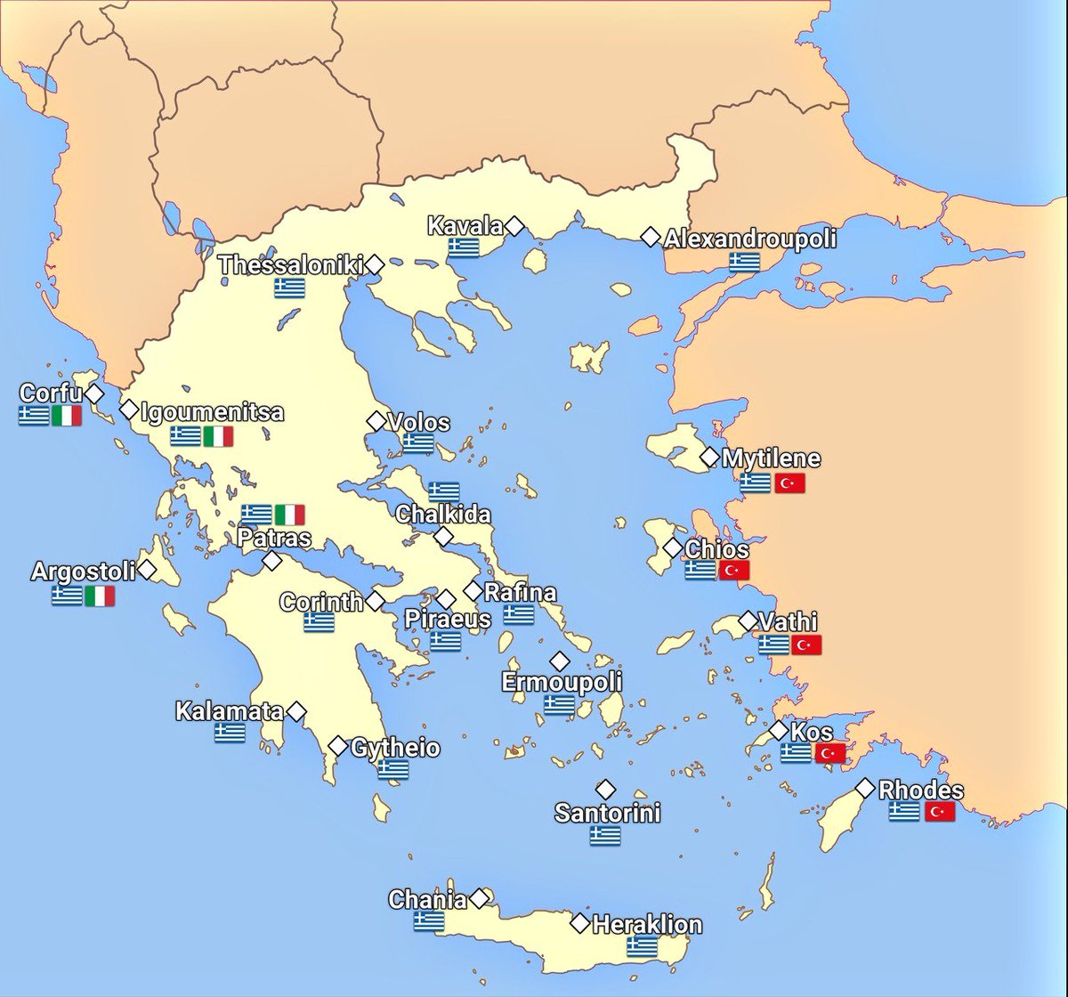 Map of the most important Greek Ports & their routine passenger