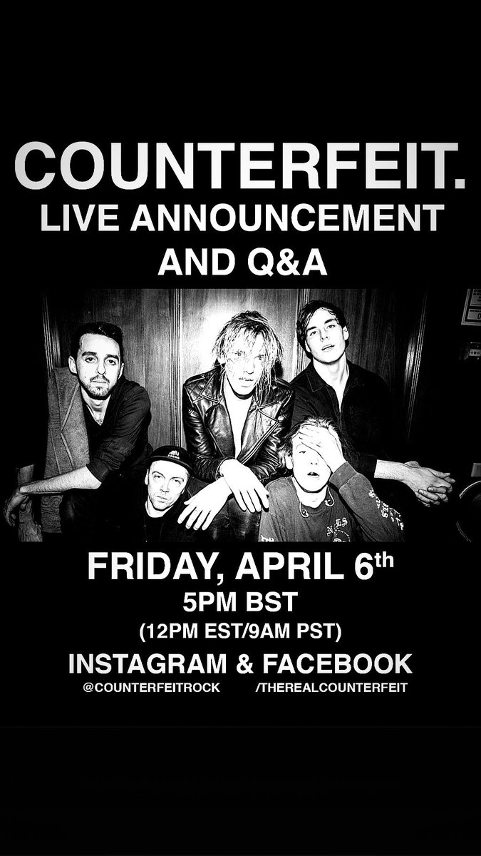 Jamiebower's tweet photo. Live Q&A today at 12pm EST (9am PST, 5pm BST) on Insta and Facebook. Get your questions in early using #askCounterfeit Can't wait to see you all. https://t.co/2K42EMDMsd