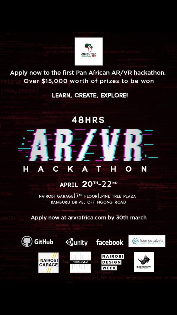 nbostorylab's tweet photo. Last day to Register for AR/VR Hackathon 2018. 14  HOURS REMAINING to register on https://t.co/ukxQqxPabQ for our Hackathon, taking place from 20th-22nd April 2018 hosted by @360afrika at @nairobigarage Garage 
QUICK, GO AND REGISTER 14 HOURS LEFT #hackathon #nairobi https://t.co/PvV3EM14YH