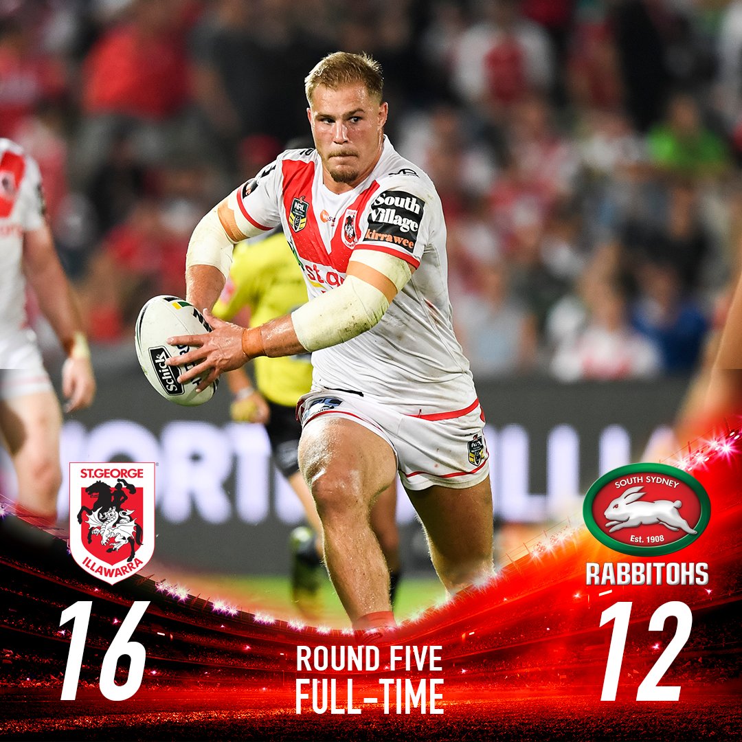 NRL_Dragons's tweet photo. FULL-TIME: The Dragons come away with the win 16-12, what a way to celebrate 250 games for Jason Nightingale #NRLDragonsSouths #Gypsy250 #redv https://t.co/mgdiyxjLta