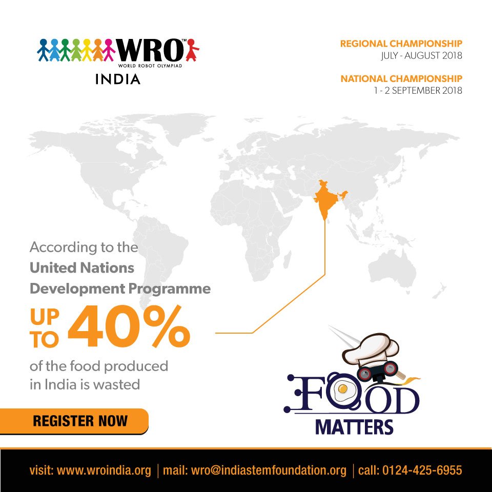 IndiaSTEM's tweet photo. #DidYouKnow that according to United Nations, 40% of the food produced in India is Wasted! 
The challenge for this year is to reduce the waste with the help of technology.
know more about the competition https://t.co/8bxIDY0gIh
#WROindia #Robotics #Foodmatters https://t.co/u2q0CIFg7z
