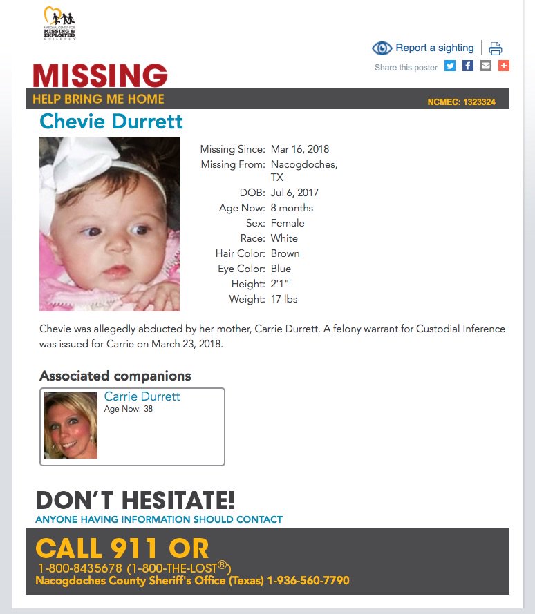 BetteH9's tweet photo. Still #Missing @EmiforLove #GlobalGoodEmiFIND #MissingAlert #ChevieDurrett #Baby #Endagered #Child #NacogdochesTexas Mother #CarrieDurrett #Wanted #Felony #Arrest #Warrant #Urgent #RT #Help #Find #Chevie She may be in #Danger If you've seen them or have info call numbers on flyer https://t.co/u8CqaQERpM