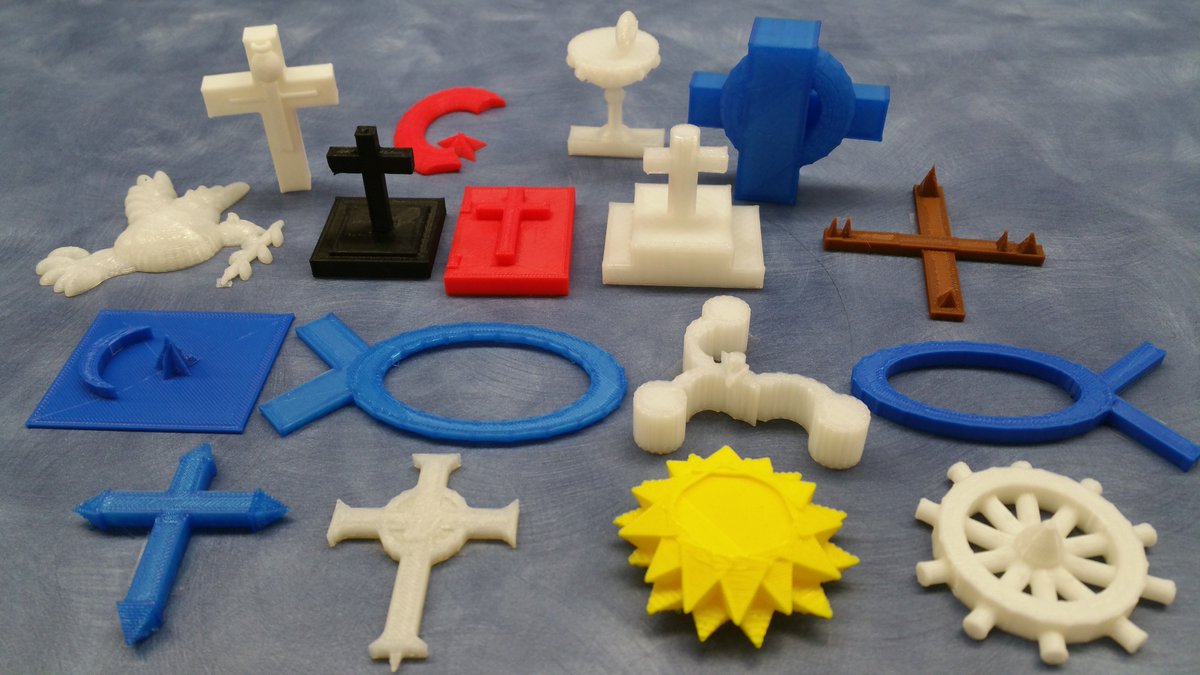 LakeviewLMC's tweet photo. Today's #3dprinted features @tinkercad designs of the 5 major religions Mrs. Hepler's and Mrs. McKeowen's students printed on our @makergear. The top 4 designs were a Buddhist lotus, Jewish Star of David, Christian Dove and a HINDU swastika. @SMFSchools @LakeviewLoop https://t.co/j8CuLnnSp1