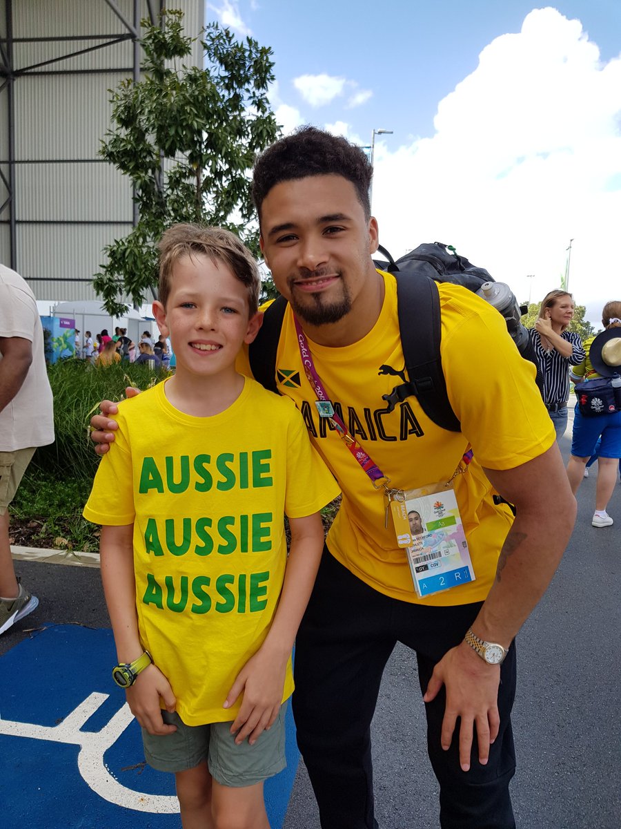 stephenwhite76's tweet photo. Good luck in the AA final @ReissBeckford . And thanks for making a little guy's day for having a photo with him yesterday! #gc2018gymnastics #fanforlife #Jamaica https://t.co/AA5XsDyy35