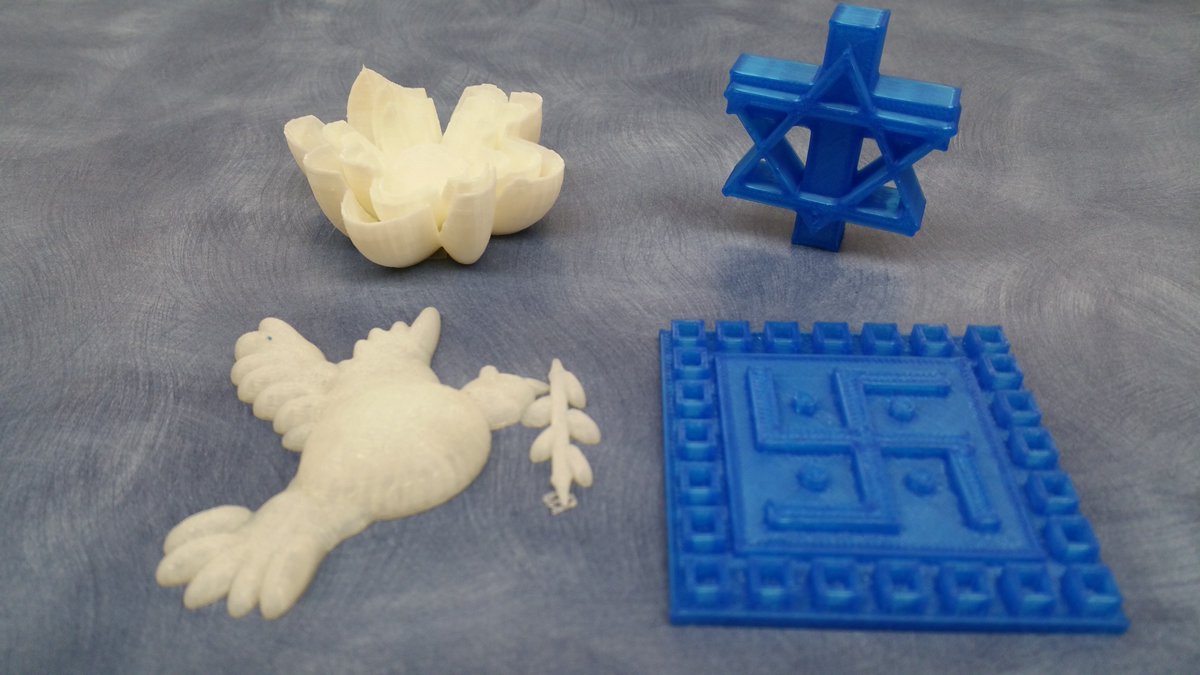 LakeviewLMC's tweet photo. Today's #3dprinted features @tinkercad designs of the 5 major religions Mrs. Hepler's and Mrs. McKeowen's students printed on our @makergear. The top 4 designs were a Buddhist lotus, Jewish Star of David, Christian Dove and a HINDU swastika. @SMFSchools @LakeviewLoop https://t.co/j8CuLnnSp1