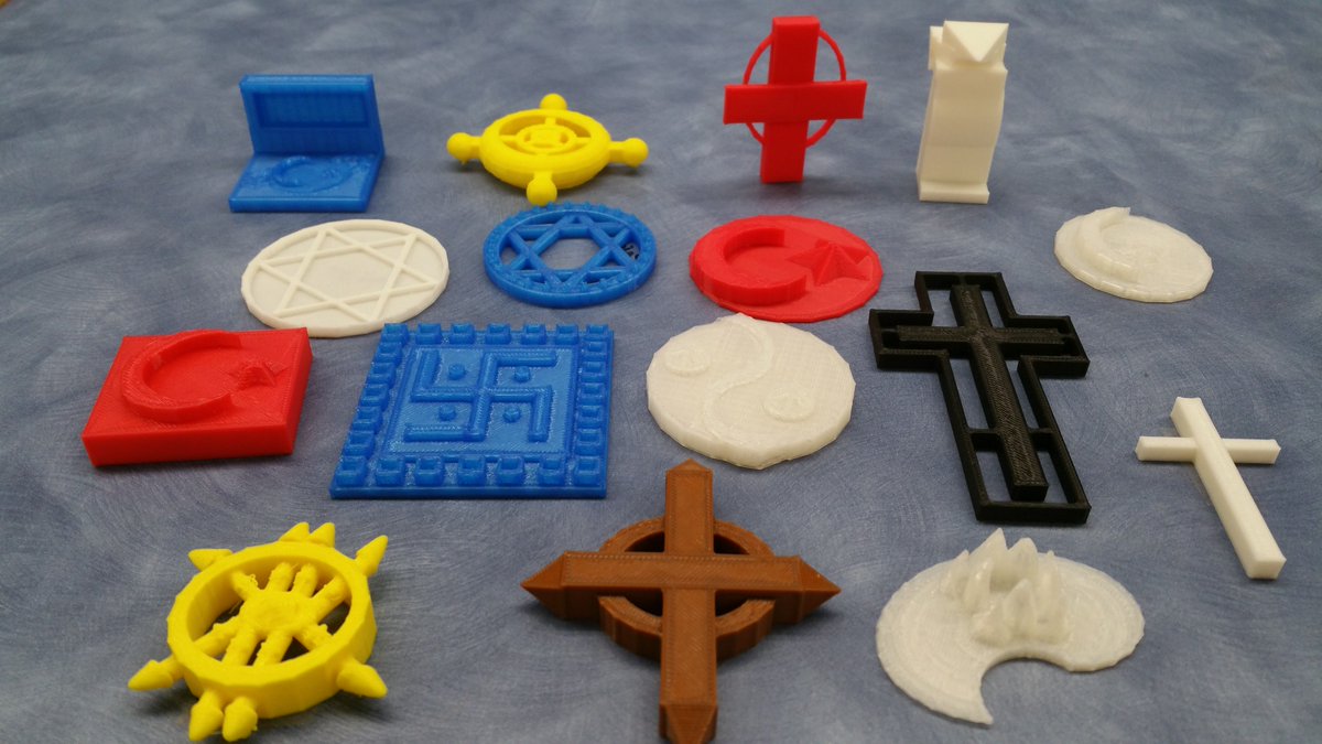 LakeviewLMC's tweet photo. Today's #3dprinted features @tinkercad designs of the 5 major religions Mrs. Hepler's and Mrs. McKeowen's students printed on our @makergear. The top 4 designs were a Buddhist lotus, Jewish Star of David, Christian Dove and a HINDU swastika. @SMFSchools @LakeviewLoop https://t.co/j8CuLnnSp1