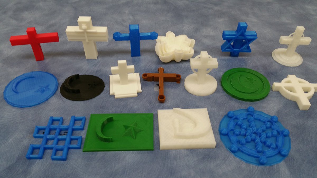 LakeviewLMC's tweet photo. Today's #3dprinted features @tinkercad designs of the 5 major religions Mrs. Hepler's and Mrs. McKeowen's students printed on our @makergear. The top 4 designs were a Buddhist lotus, Jewish Star of David, Christian Dove and a HINDU swastika. @SMFSchools @LakeviewLoop https://t.co/j8CuLnnSp1
