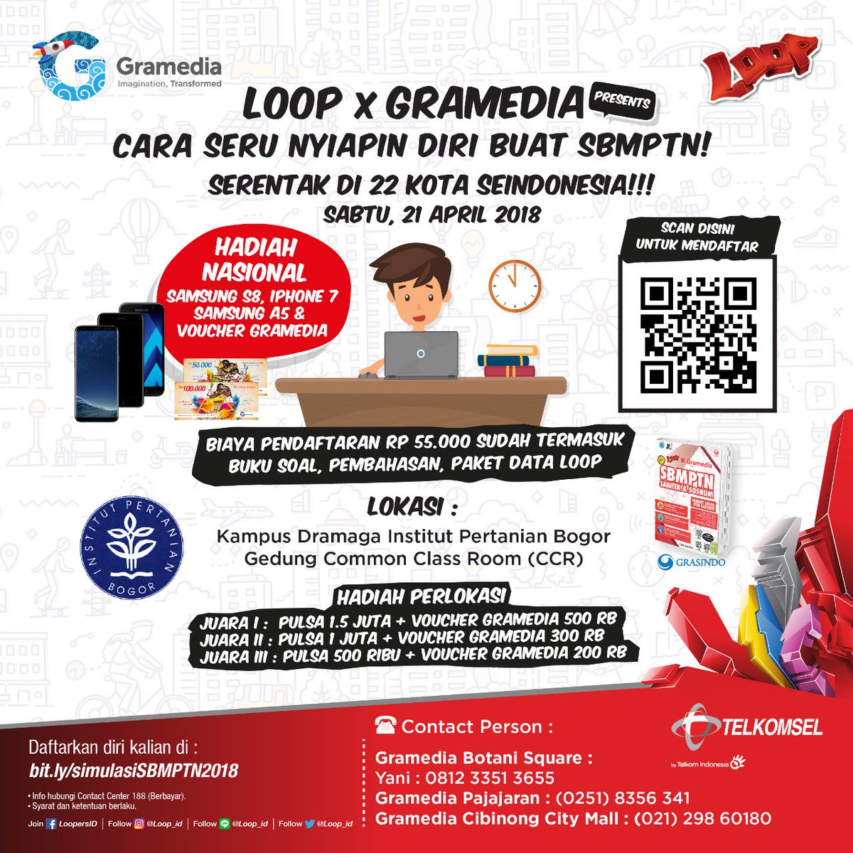 GramediaCCM's tweet photo. Hallo pejuang SBMPTN !
Yuk tantang dirimu di simulasi SBMPTN Loop X Gramedia di 22 kota di Indonesia, pada Sabtu 21 April 2018. Caranya daftar di https://t.co/iHqotFC9Am, ikuti petunjuk didalamnya biayanya cukup Rp 55.000.
Tunggu apalagi yuk daftarkan dirimu dan teman-temanmu
.
. https://t.co/e4LOcpy4NU