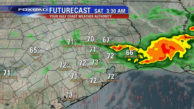 After midnight, the cold front will be headed our way. The strongest storms and heaviest rain will be to our east, especially in Lousiana. #houstonweather