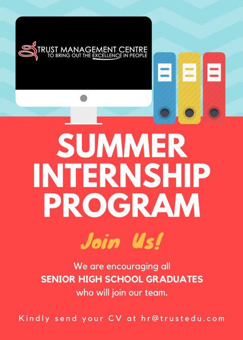 TMC_Global's tweet photo. Gain a meaningful and valuable practical work experience at Trust Management Centre that will develop your skills and build your career.

Kindly send us your updated CV and APPLY NOW at hr@trustedu.com https://t.co/msgi8NsV14