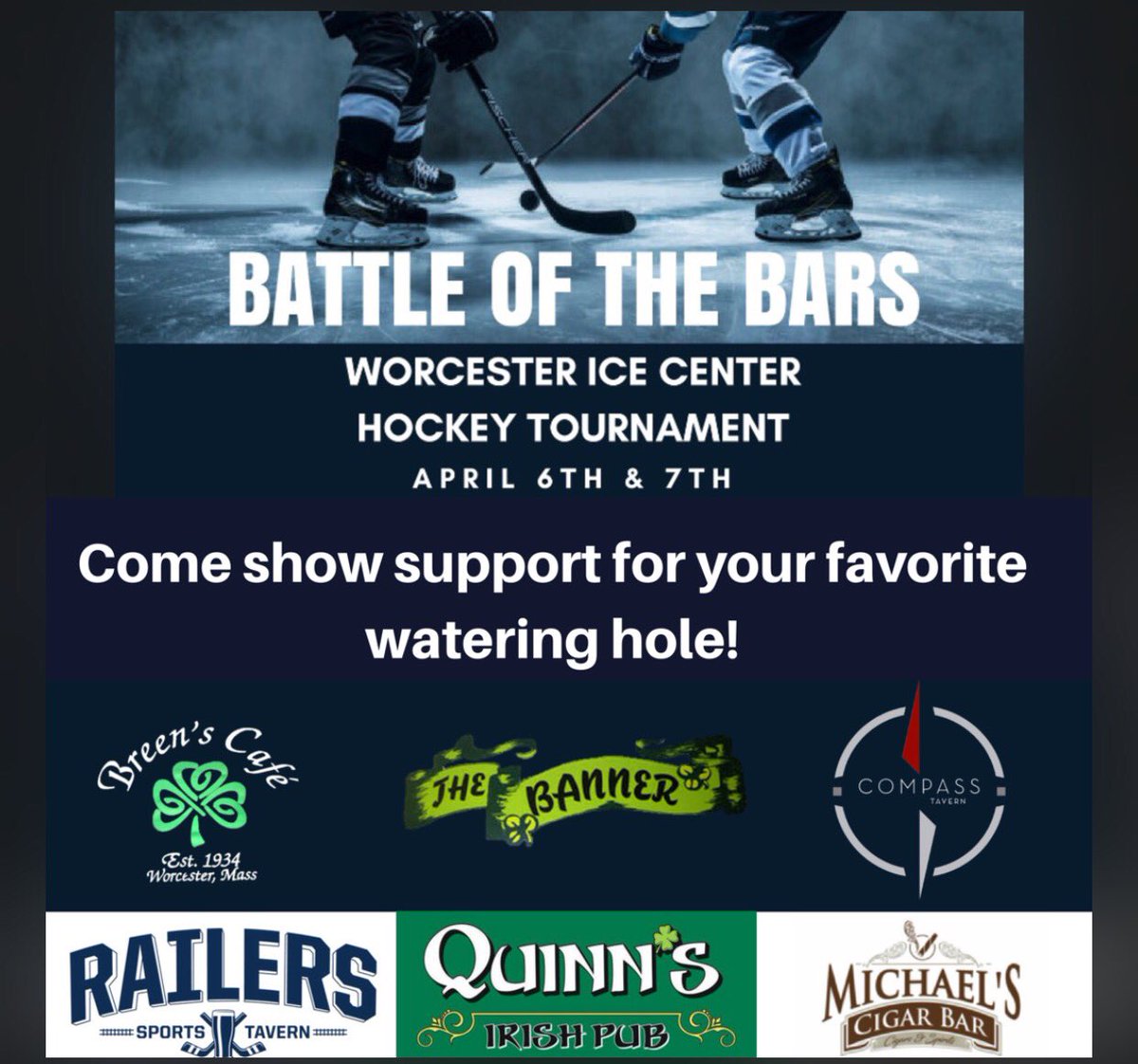 WorcesterIce's tweet photo. Tonight!! Puck drops at 7pm for the first game! Come down to support your favorite bar! #battleofthebars #worcestericecenter @telegramdotcom @3KevinShea https://t.co/HeXhopCynr