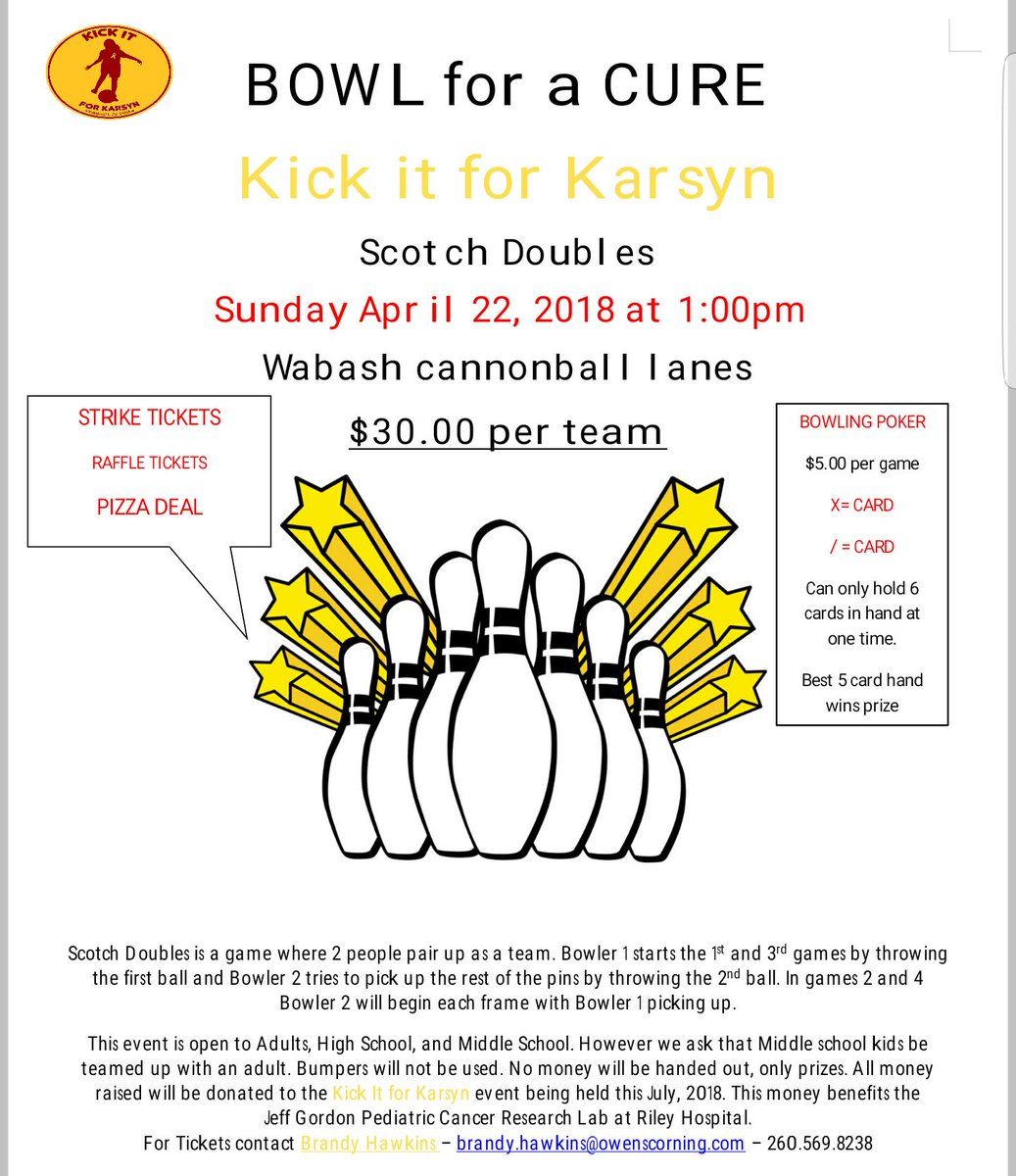 KarsynKickIt's tweet photo. Bowling event benefiting @karsynkickit @jeffgordon4cure for childhood cancer research - Sun, April 22 at Cannonball Lanes in Wabash, Ind. For bowling info, call Brandy Hawkins 260-569-8238. https://t.co/guLg5Wvs1I