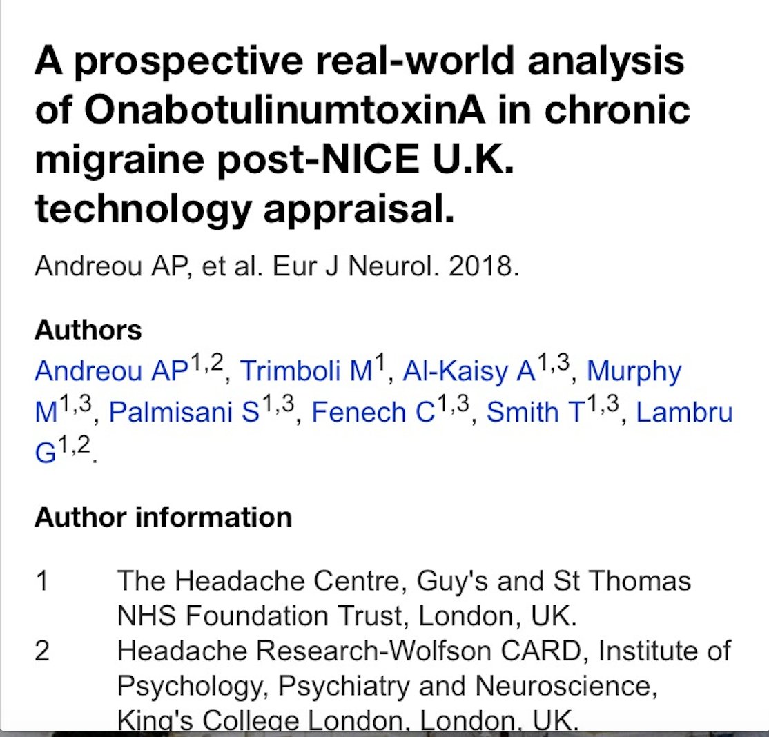 First UK Botox study in chronic migraine since NICE approval. Interesting results. <a href="/ap_andreou/">Anna Andreou</a> <a href="/MigraineAction/">Migraine Action</a> <a href="/MigraineTrust/">The Migraine Trust</a> <a href="/GSTTnhs/">Guy's and St Thomas'</a> <a href="/GSTT_Headache/">Headache Service - GSTT</a> <a href="/MigraineDisordr/">Association of Migraine Disorders®</a> <a href="/bashtweets/">BASH Boxing</a>