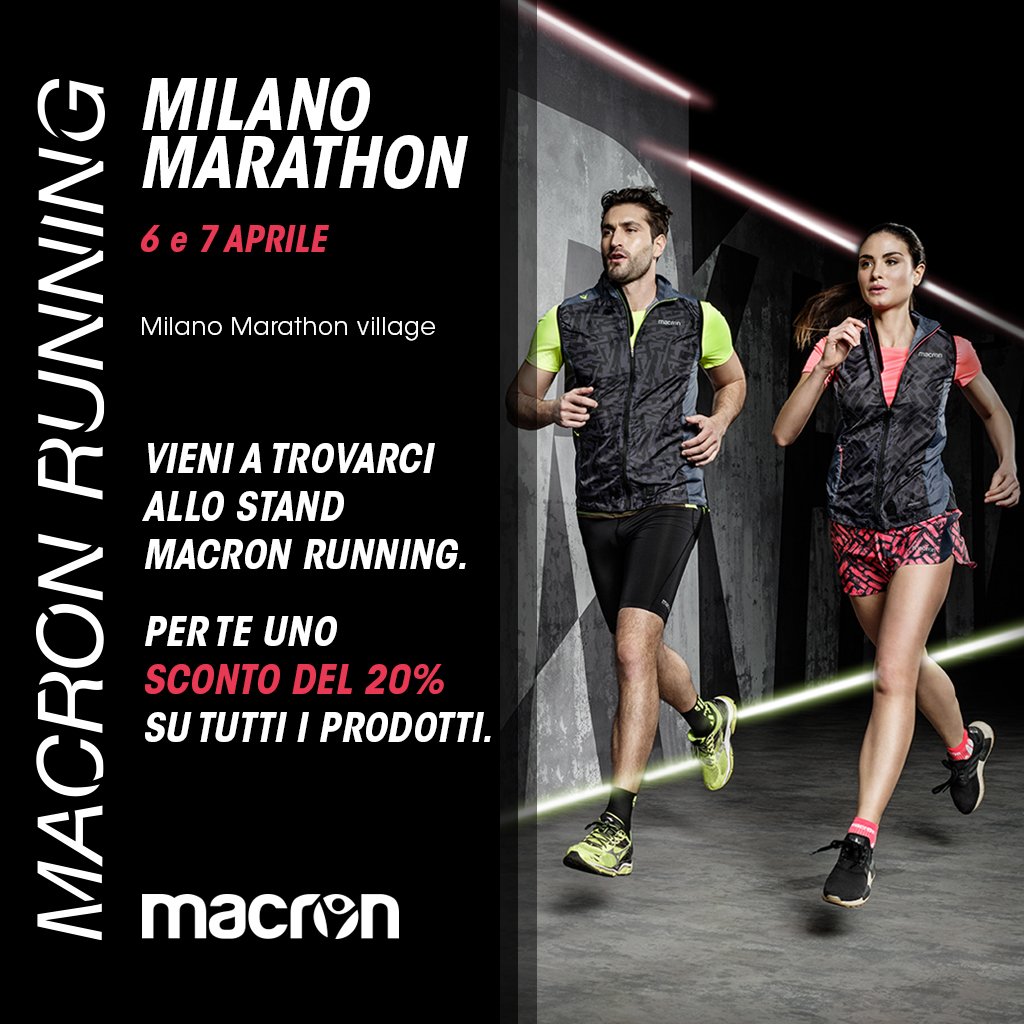MacronSports's tweet photo. Vieni a trovarci allo stand Macron Running presso il Milano Marathon village il 6 e 7 Aprile per la Milano Marathon. Per te uno sconto del 20% su tutti i prodotti. #WorkHardRunHarder @milanomarathon https://t.co/jd2LAThcGn