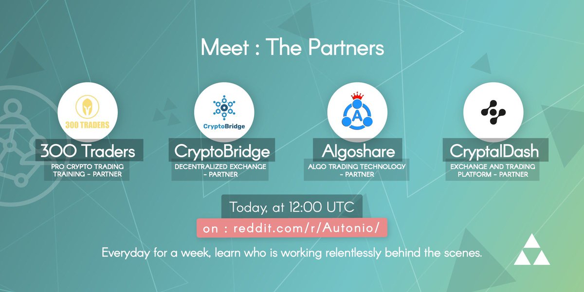 Meet the Autonio Team Day 4 is here featuring our Partners! 

Head on over to our reddit channel and ask our Partners any questions you might have. They’ll be around all day!

reddit.com/r/Autonio/comm…

#AMA $NIO #NIO #Autonio #300traders #Cryptobridge #Algoshare #CryptalDash