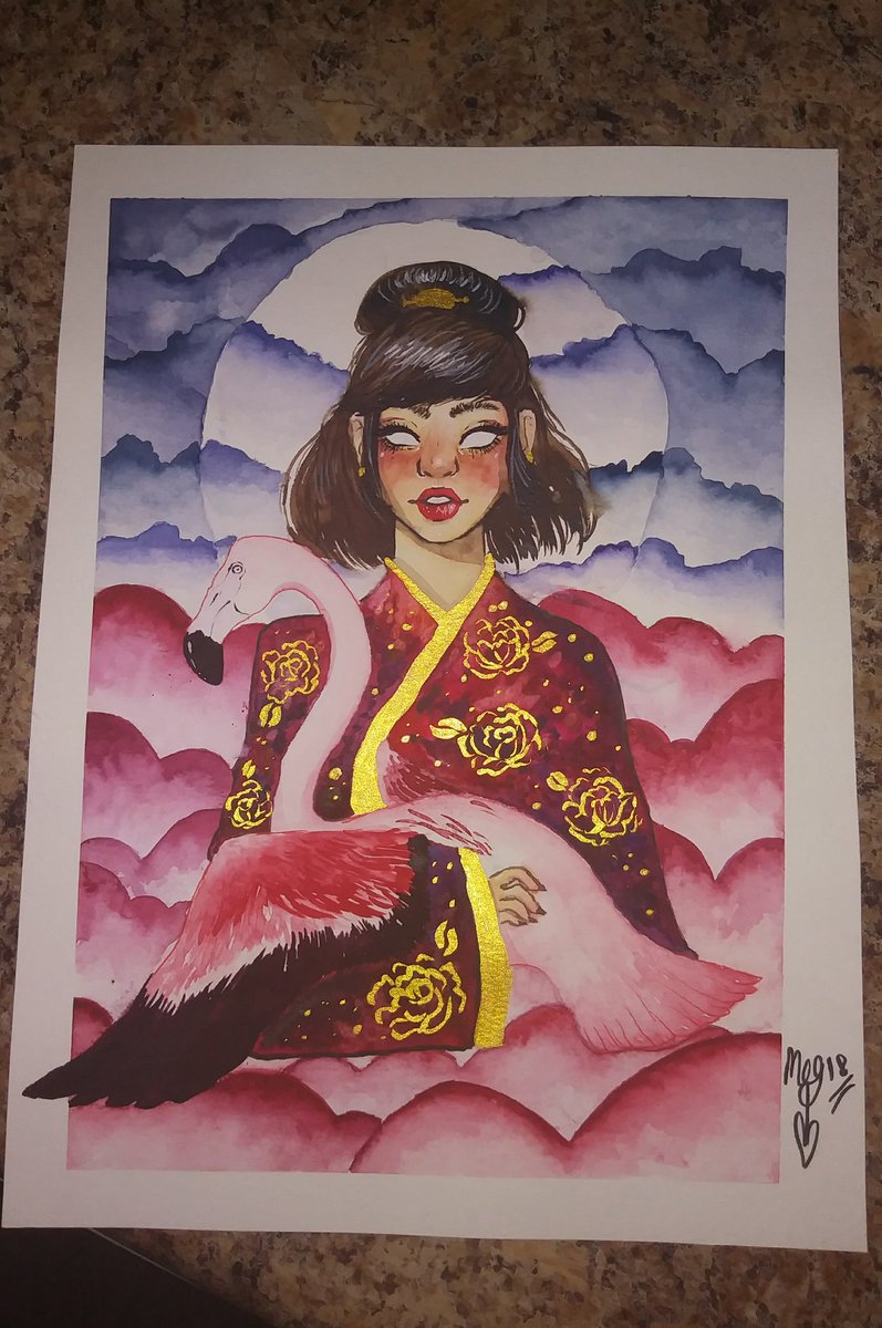 kuttiescups's tweet photo. This a new watercolor painting is inspire by japan and some reason a pink flamingo lols hope you guys like it!!!🤣🤣🤣 https://t.co/1fnvegLdkQ