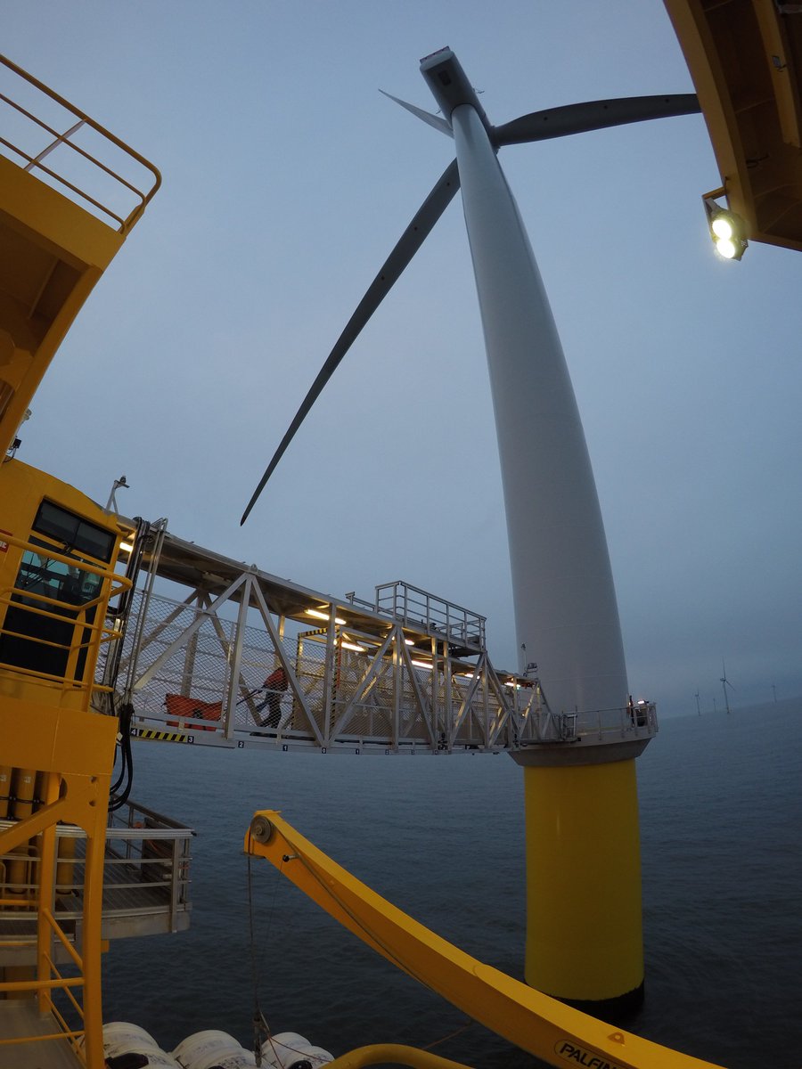 OrstedUK's tweet photo. On #WalkToWorkDay we're celebrating innovation in the offshore wind industry... instead of climbing up the ladders on transition pieces, our Race Bank technicians can now walk to work from their accommodation vessel! https://t.co/8l9PN8z7lG