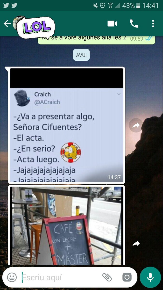 AlbaJuanSeg's tweet photo. Mi madre me empieza a mandar memes de lo de Cifuentes😂 Esto es serio, tengo que hacerle cuenta de Twitter https://t.co/LPbapsF2ng