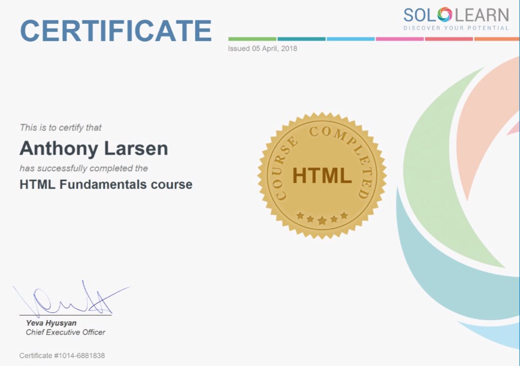 anthonydlarsen's tweet image. R1D89 Last night I completed the final section in the @SoloLearn #HTMLFundamentals course & received my certificate #100DaysOfCode#CodeNewbie