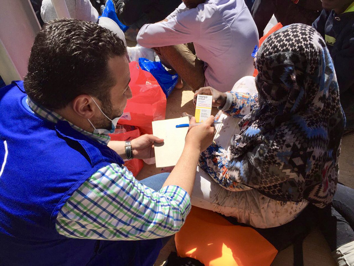 IOM_Libya's tweet photo. Around 90 #migrants including 2 children have just been returned to #Libyan shore by the Libyan Coast Guard. Emergency assistance is being provided at disembarkation point including primary health care as well as food &amp; water https://t.co/rMXYpYIucM
