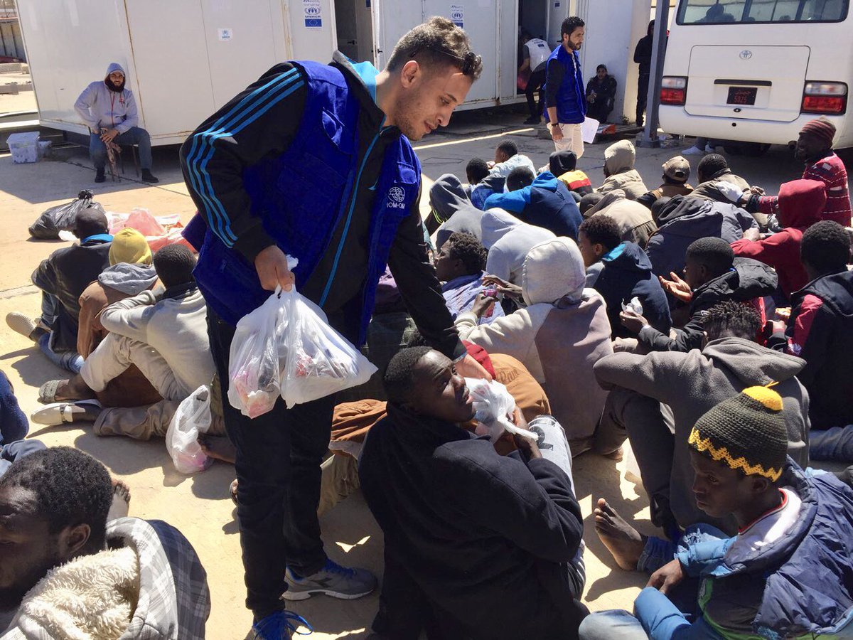 IOM_Libya's tweet photo. Around 90 #migrants including 2 children have just been returned to #Libyan shore by the Libyan Coast Guard. Emergency assistance is being provided at disembarkation point including primary health care as well as food &amp; water https://t.co/rMXYpYIucM