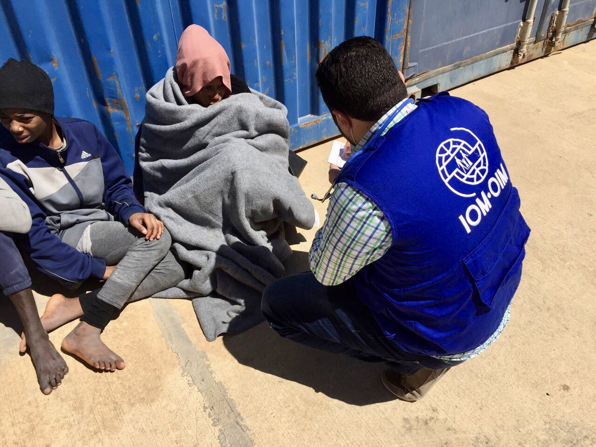 IOM_Libya's tweet photo. Around 90 #migrants including 2 children have just been returned to #Libyan shore by the Libyan Coast Guard. Emergency assistance is being provided at disembarkation point including primary health care as well as food &amp; water https://t.co/rMXYpYIucM
