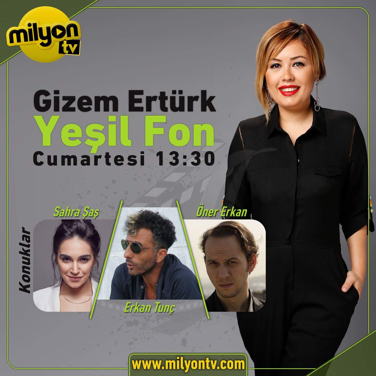 milyontv's tweet photo. Gizem Ertürk'ün bu haftaki konukları "Martı" filminin yönetmen ve senaristi Erkan Tunç; oyuncuları Sahra Şaş ve Öner Erkan... "Yeşil Fon" cumartesi 13.30'da Milyon TV'de! https://t.co/57YR41Px2o https://t.co/agzrLQFKf0